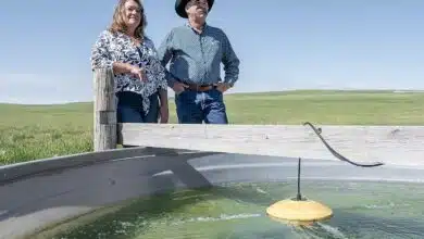 Le couple Otwell devant un abreuvoir équipé du Water Rippler.